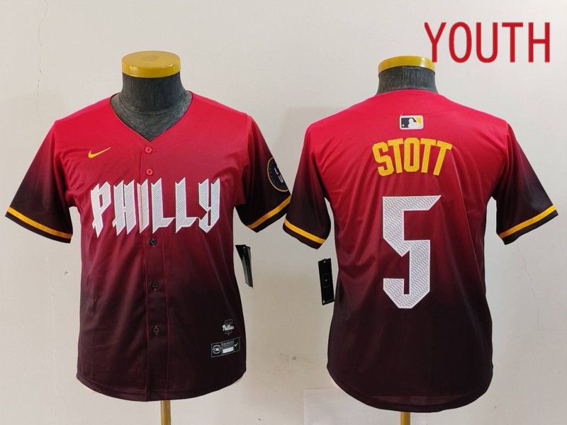 Youth Philadelphia Phillies #5 Stott Red City Edition 2024 Nike MLB Jersey style 1->youth mlb jersey->Youth Jersey